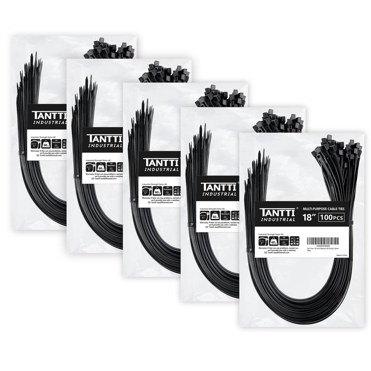 TANTTI front packaging showing 500 black 18-inch zip ties and benefits