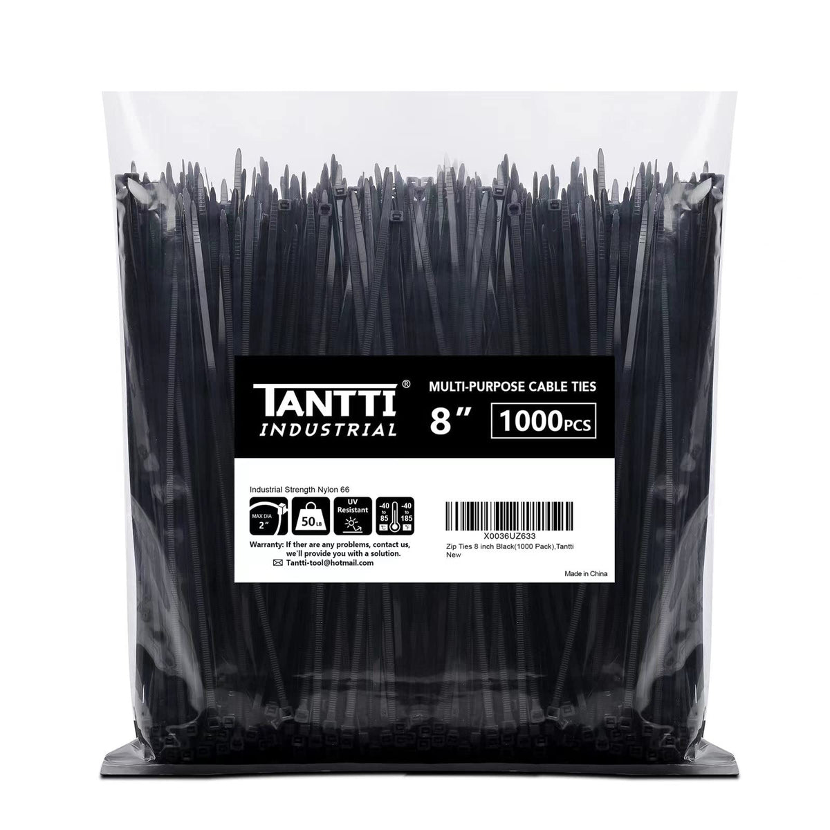 Tantti zip tie 8-inch black 1000-pack for indoor and outdoor organization.