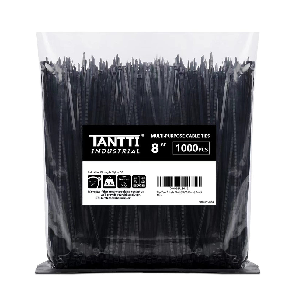 Tantti zip tie 8-inch black 1000-pack for indoor and outdoor organization.
