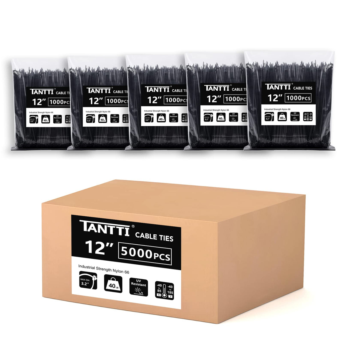 TANTTI zip ties 12-inch pack, 5000 units, ideal for quick wiring organization.