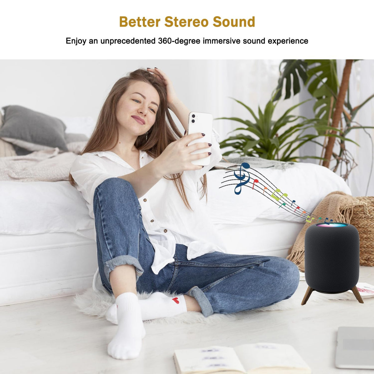 Taojavin HomePod stand placed in living room boosts a neat, compact audio setup.