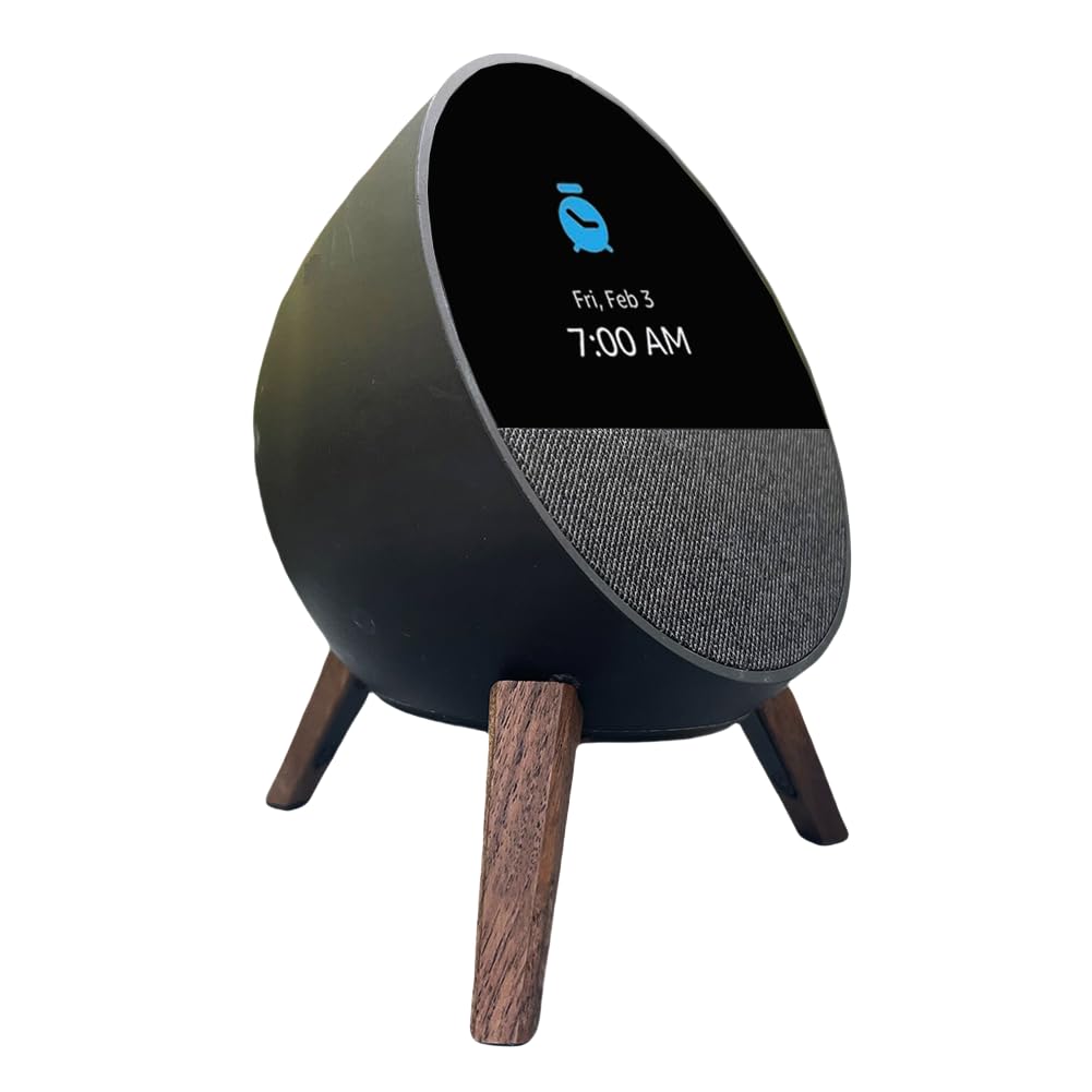 Taojavin wooden stand for Echo Spot on a clean desk boosts visibility and sound projection.