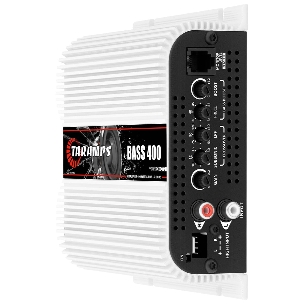 Taramps Bass 400 rear connectors illustrate RCA and high-level input compatibility