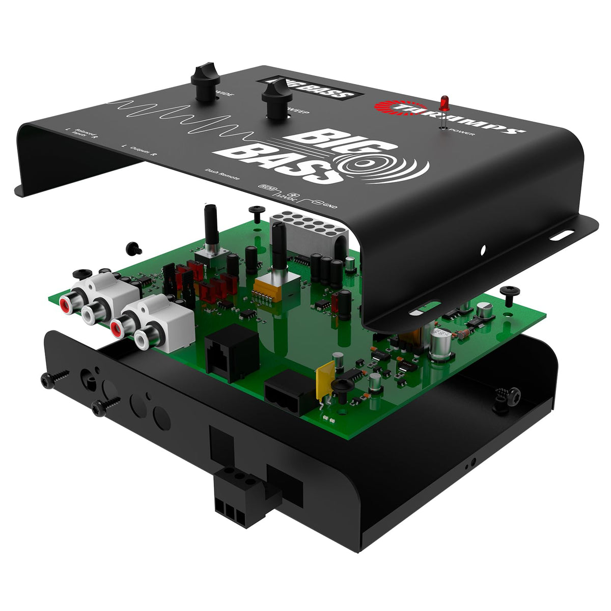Taramps Big Bass in-car installation shows compatibility with many systems.