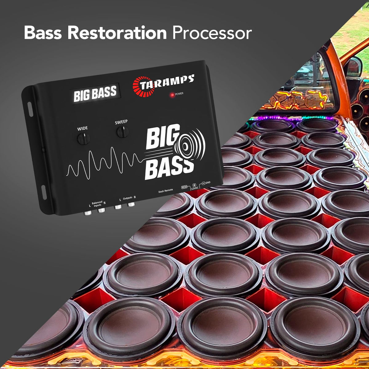 Taramps Big Bass stereo I/O connections enable straightforward system integration.