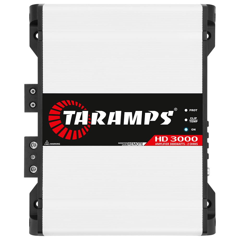 Taramp's HD 3000 front view showcases a compact mono amp for strong bass.