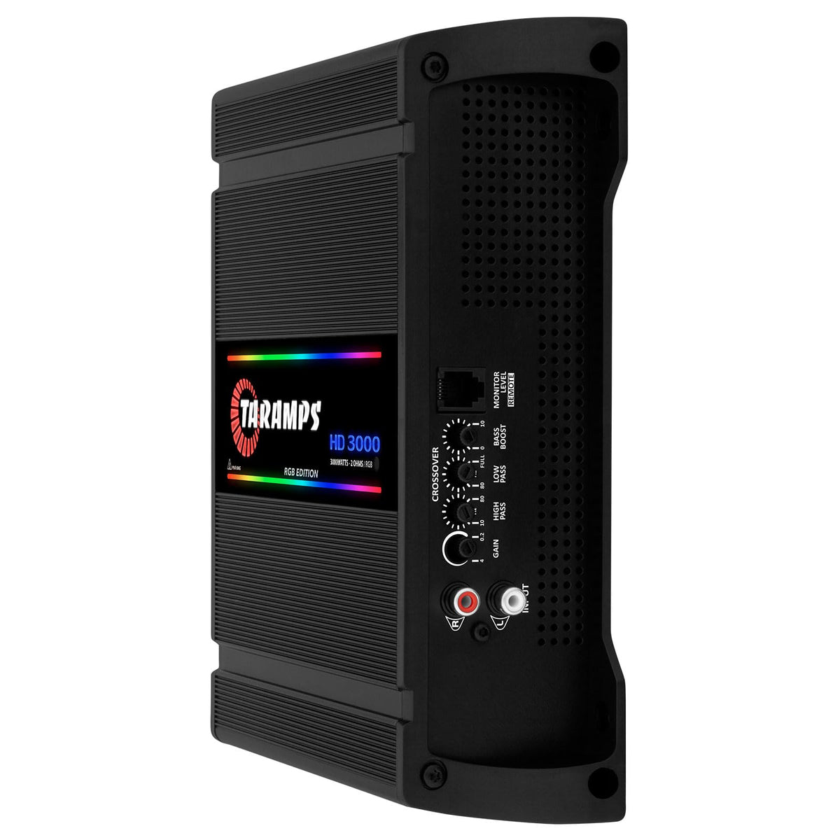 Taramps HD 3000 rear panel shows crossovers and bass boost
