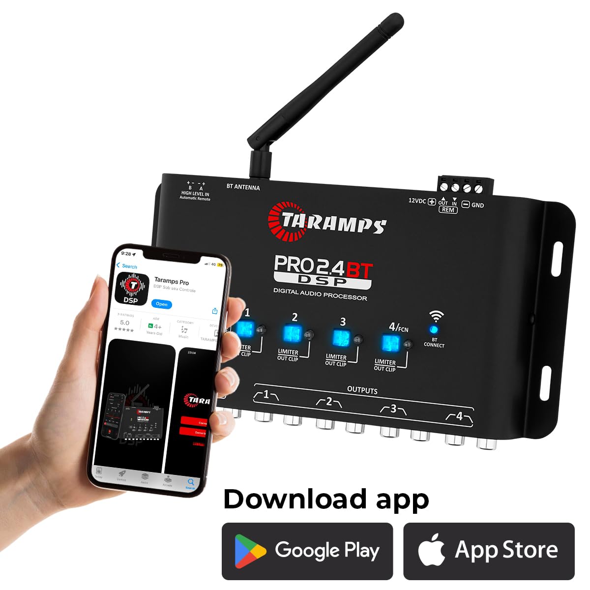 Taramp's Pro DSP showing 2 input and 4 output channels for flexible installs.