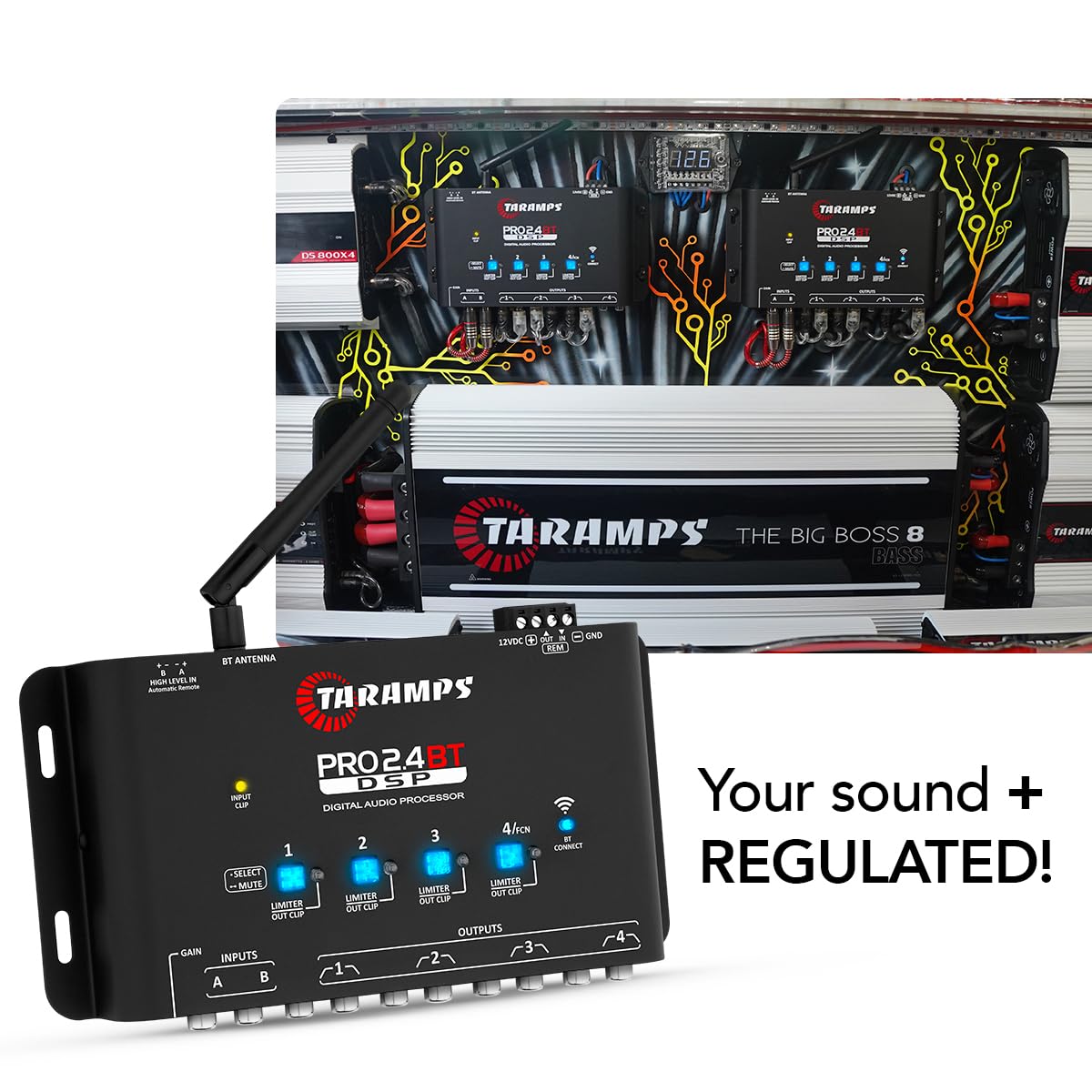 Taramp's Pro 2.4BT DSP anti-puff feature image reducing pops during power changes.