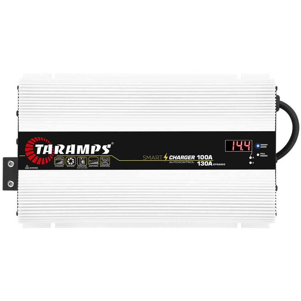 Taramp's Smart Charger front view in compact aluminum housing for car audio delivering reliable power