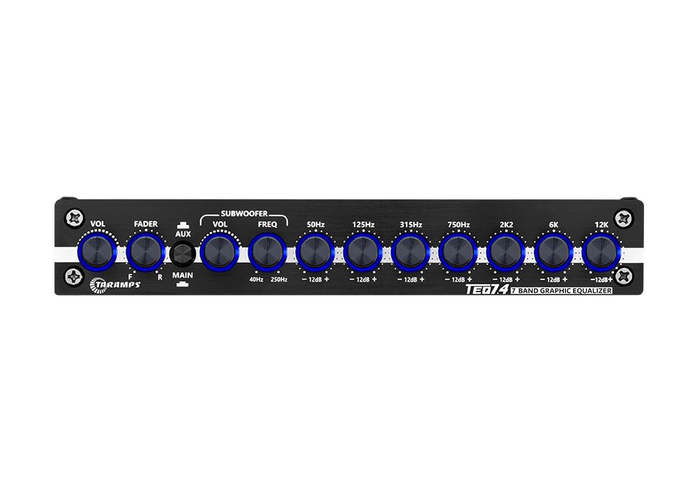Taramps TEQ 7.4 Pro close-up of seven EQ sliders showing precise band adjustment benefits