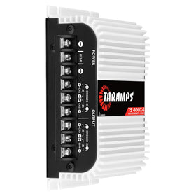 Taramp's top heat-sink view highlighting Class D efficiency and low-heat design benefit