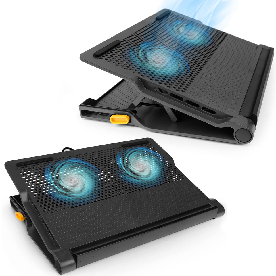 Targus Chill Mat Plus front view with dual fans cooling a 17-inch laptop during extended sessions.