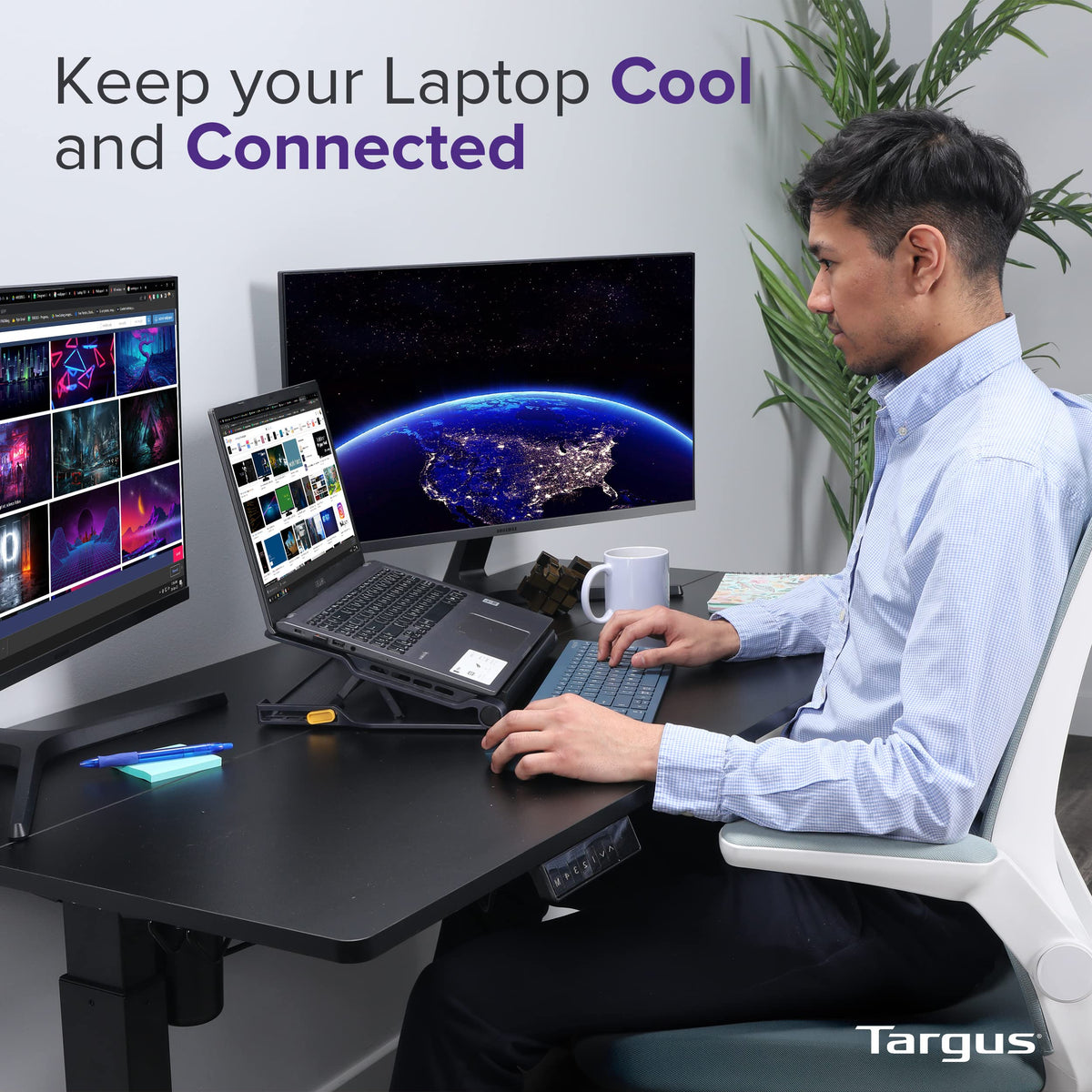 Targus Chill Mat Plus side view highlighting USB hub for easy peripheral connections.