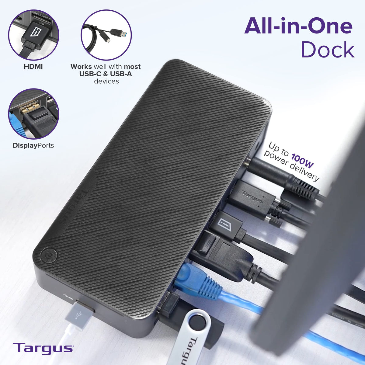 Targus DV4K Dock security slot helps safeguard equipment.