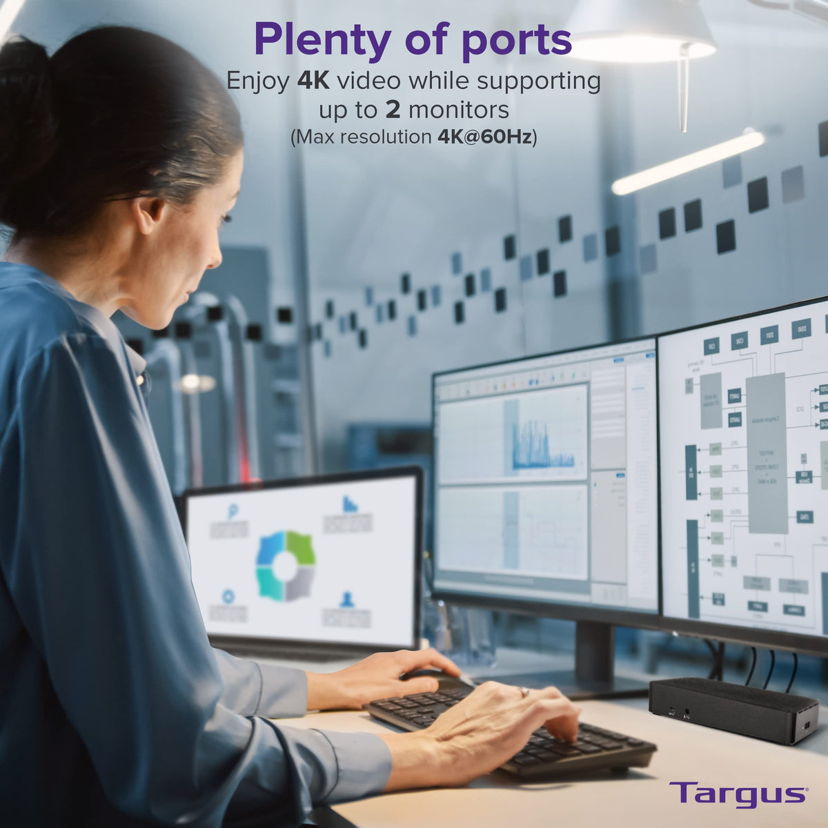 Targus DV4K Dock with USB ports supports fast peripheral connections.