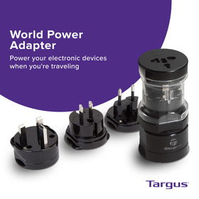 Compact and portable Targus adapter designed for easy packing in luggage.