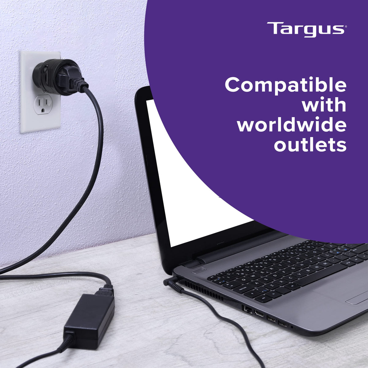 European plug configuration ready for European destinations with the Targus adapter.