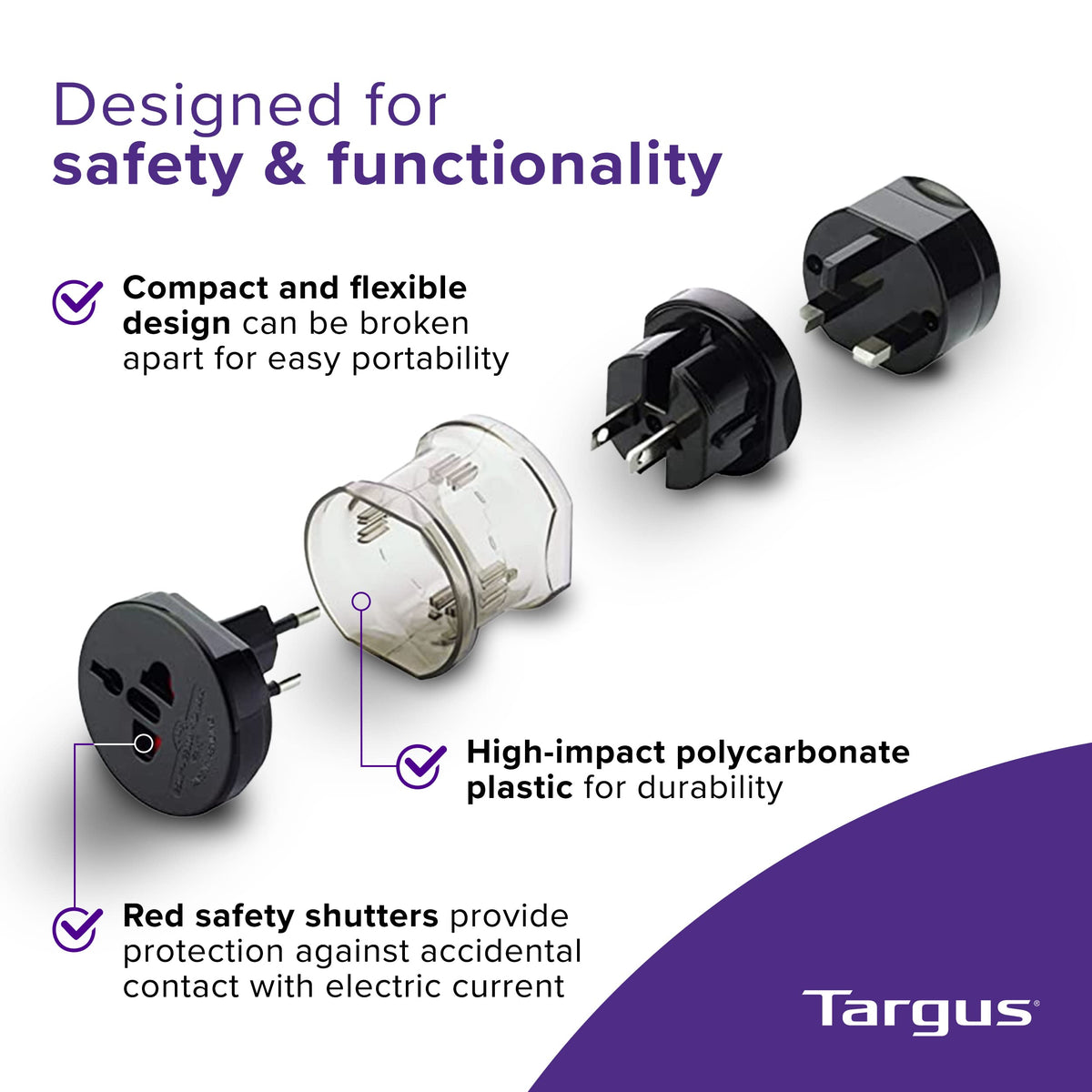 Red safety shutters on the Targus adapter highlight protective design.
