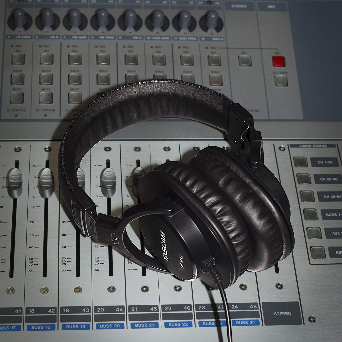 Tascam TH-MX2 in studio usage on a mixing console demonstrating isolation and accurate monitoring