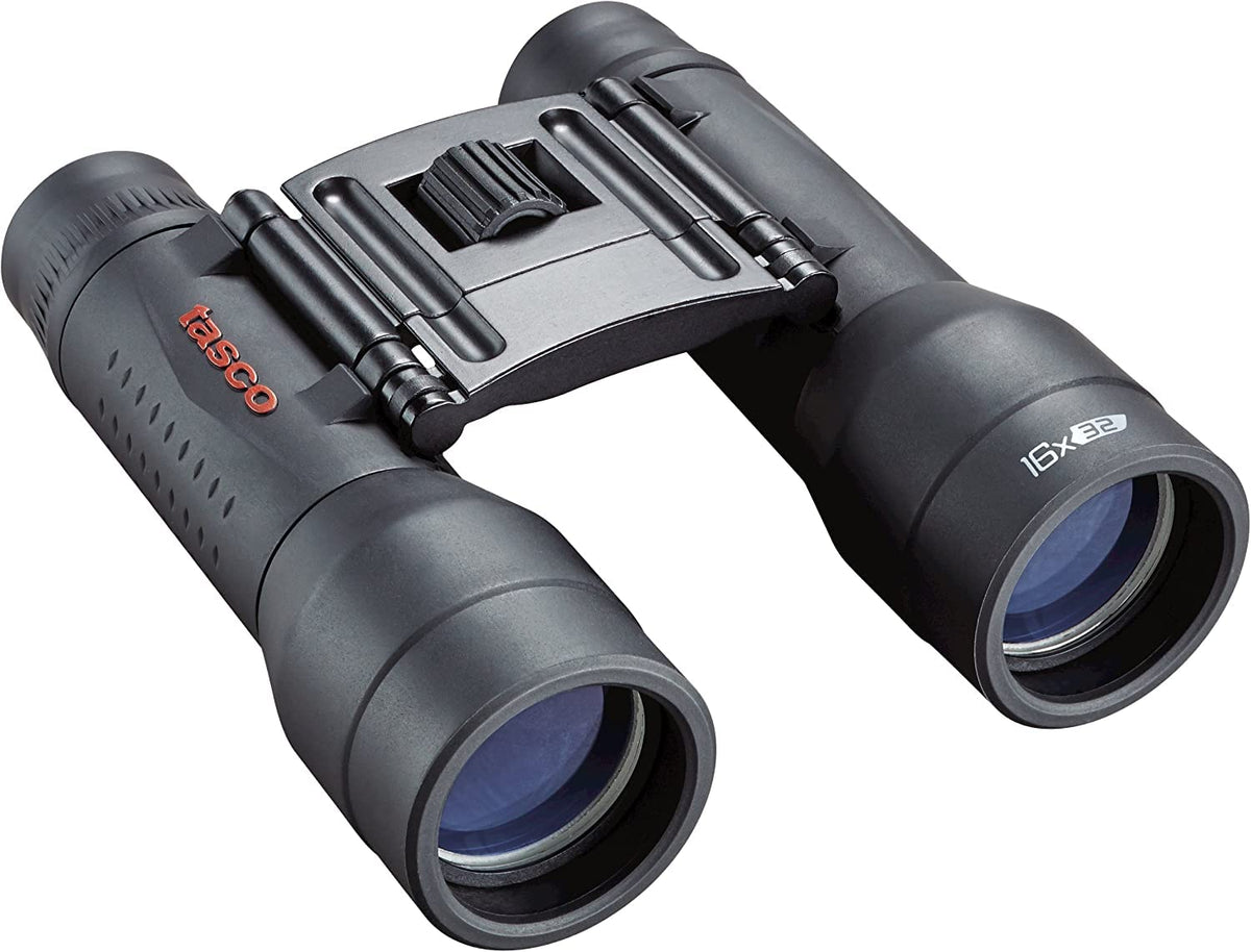 Tasco binoculars front view showing compact roof-prism design and clear optics benefit