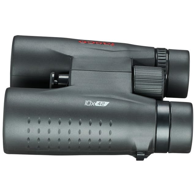 TASCO ES10X42 objective lens close-up highlighting multi-coated optics and brighter image