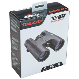 TASCO ES10X42 packaging and included accessories showing ready-to-use convenience benefit