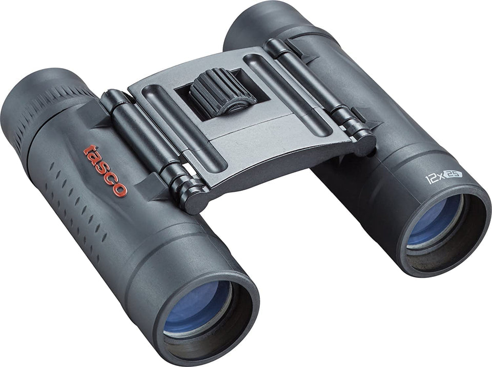 TASCO front view showing compact black binoculars and packaging, easy transport benefit