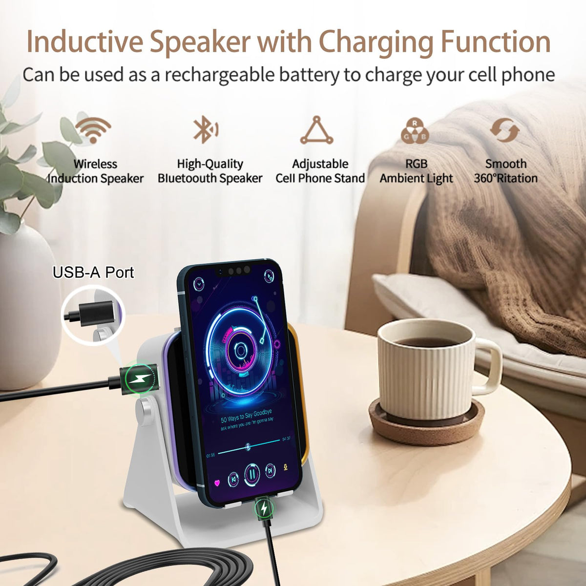 Tatiyana induction stand use for hands-free calls and video prompts