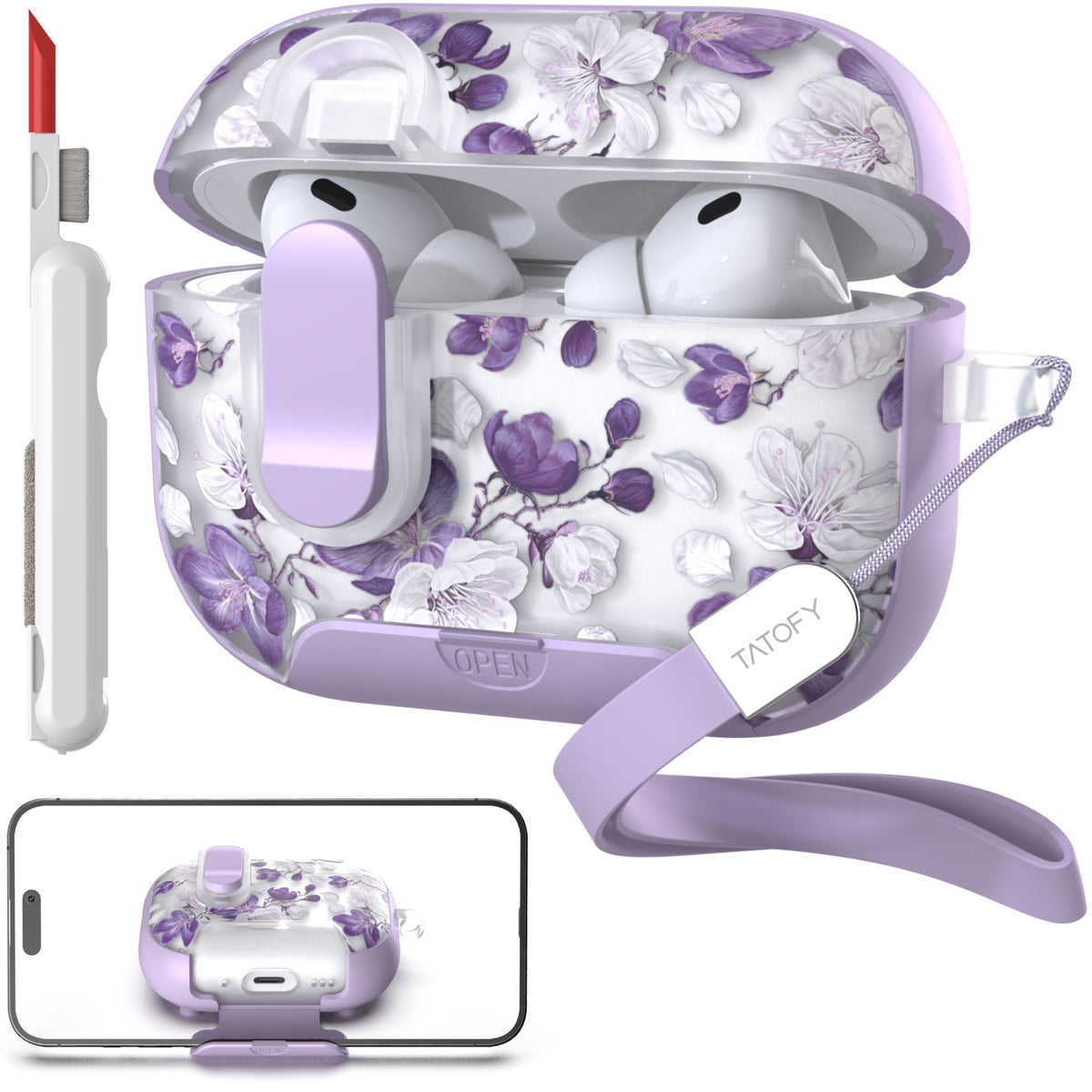 Tatofy AirPods Pro 3 Case floral purple front view for stylish everyday protection.