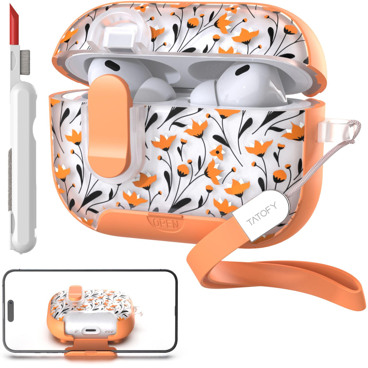 TATOFY AirPods Pro 3 floral front view with stylish protection.