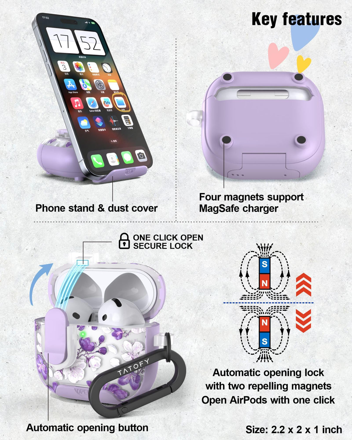 Tatofy AirPods 4 case one-click magnetic lock for quick access.