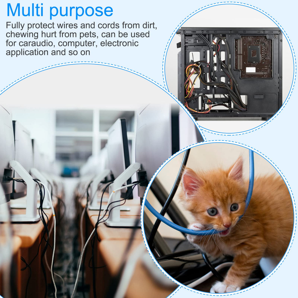 Tatuo black braided sleeve protecting cables from pets and damage
