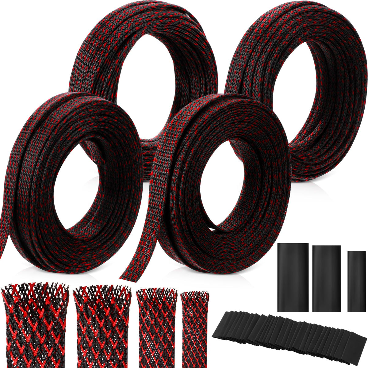 Tatuo front packaging showing red and black braided sleeves and shrink tubes, tidy cable solution