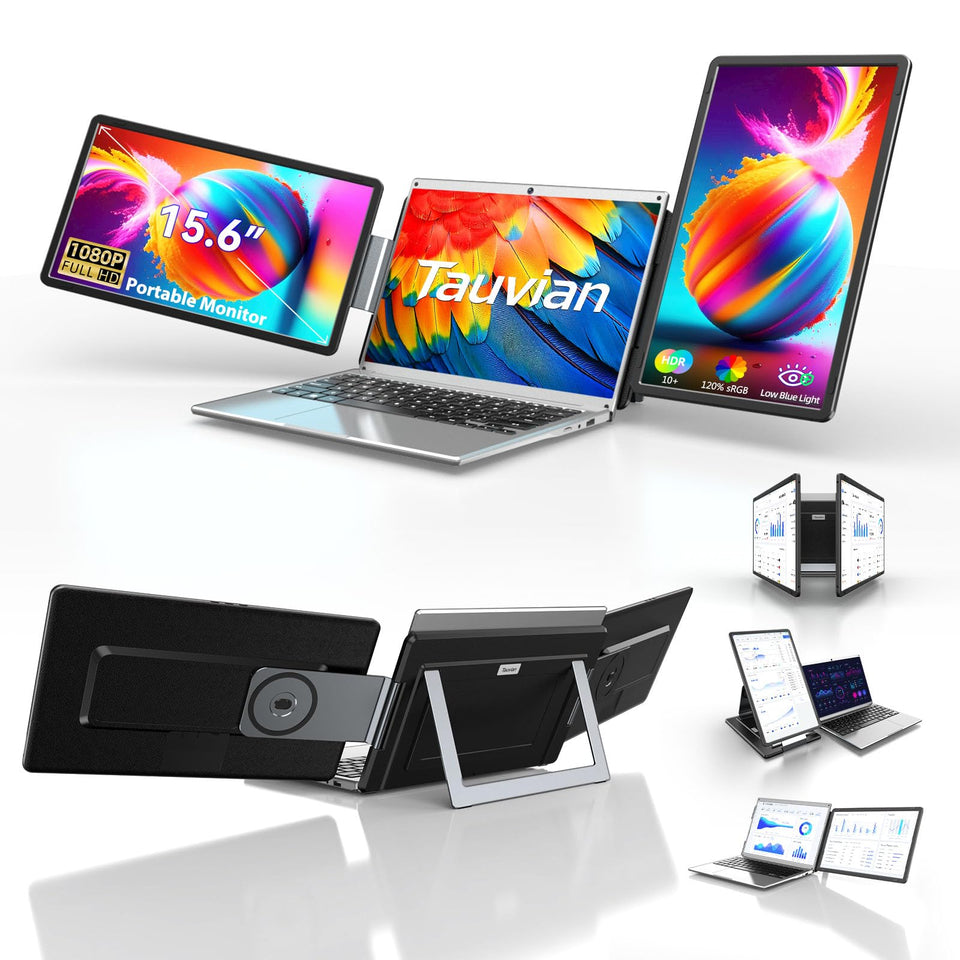 Tauvian triple-monitor laptop extender demonstrates portable multitasking setup.