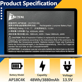 TAVZENL AP18C4K battery pack close-up highlighting capacity and safety features
