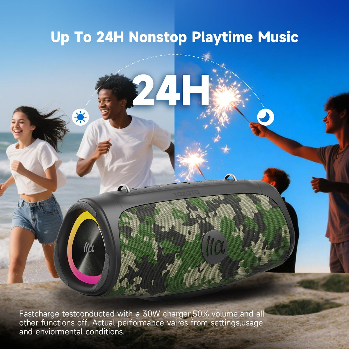 TAZATA BoomBlast Mini indoors vs outdoors EQ modes shown for tailored sound.