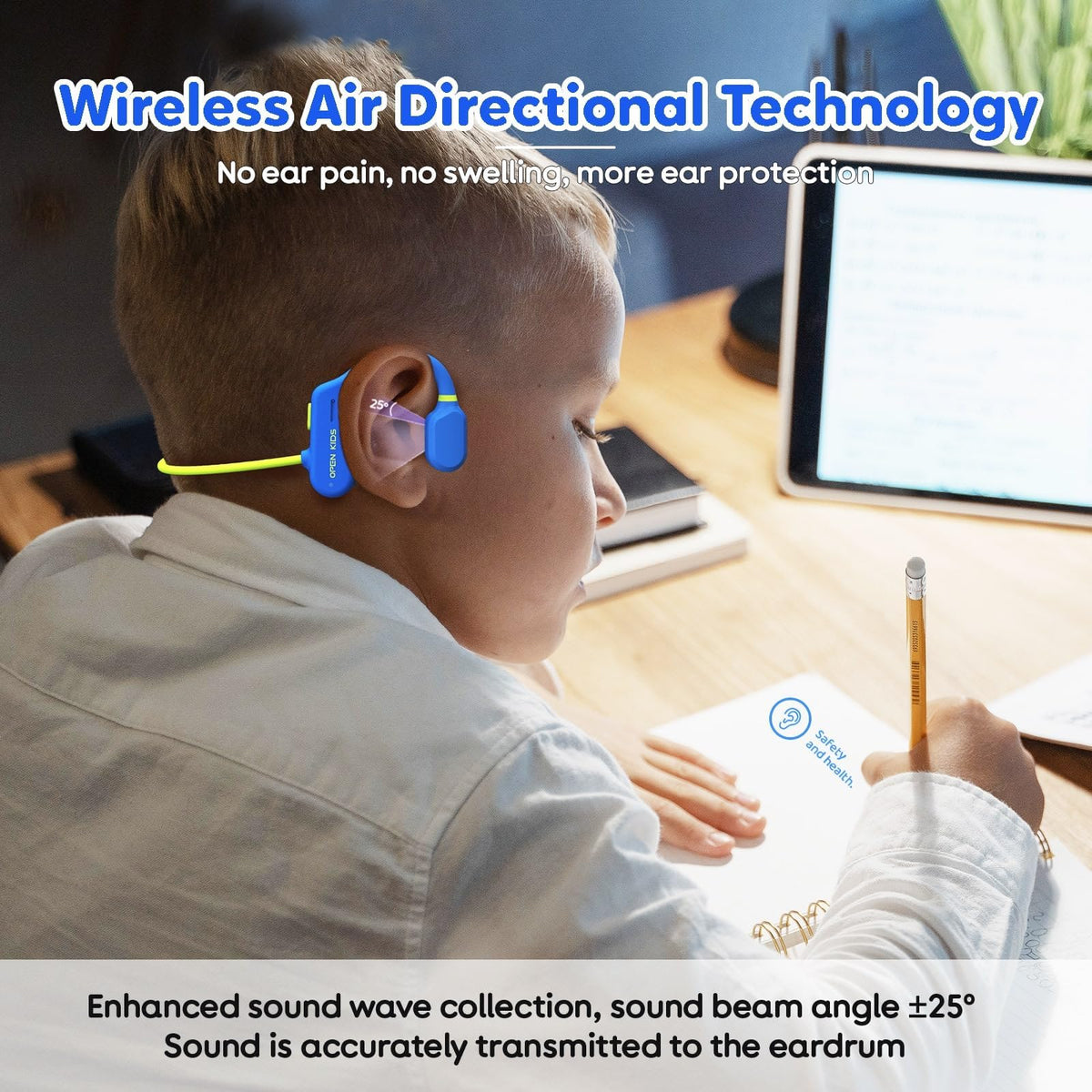TBtebeat Kids Open Ear Headphones air conduction technology delivers comfortable listening and surroundings awareness.