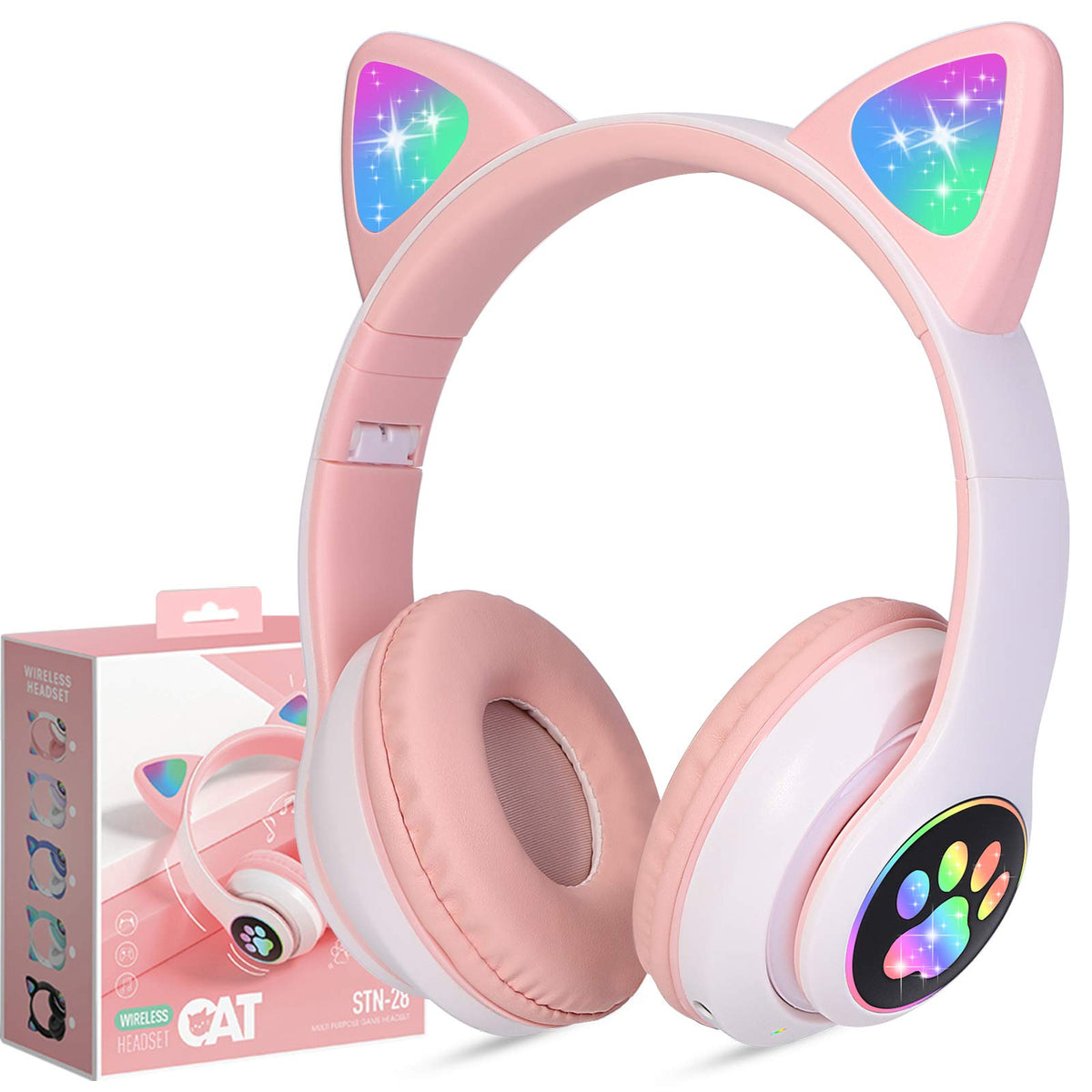 TCJJ Bluetooth 6.0 cat ear headphones with LED lights for kids' listening sessions
