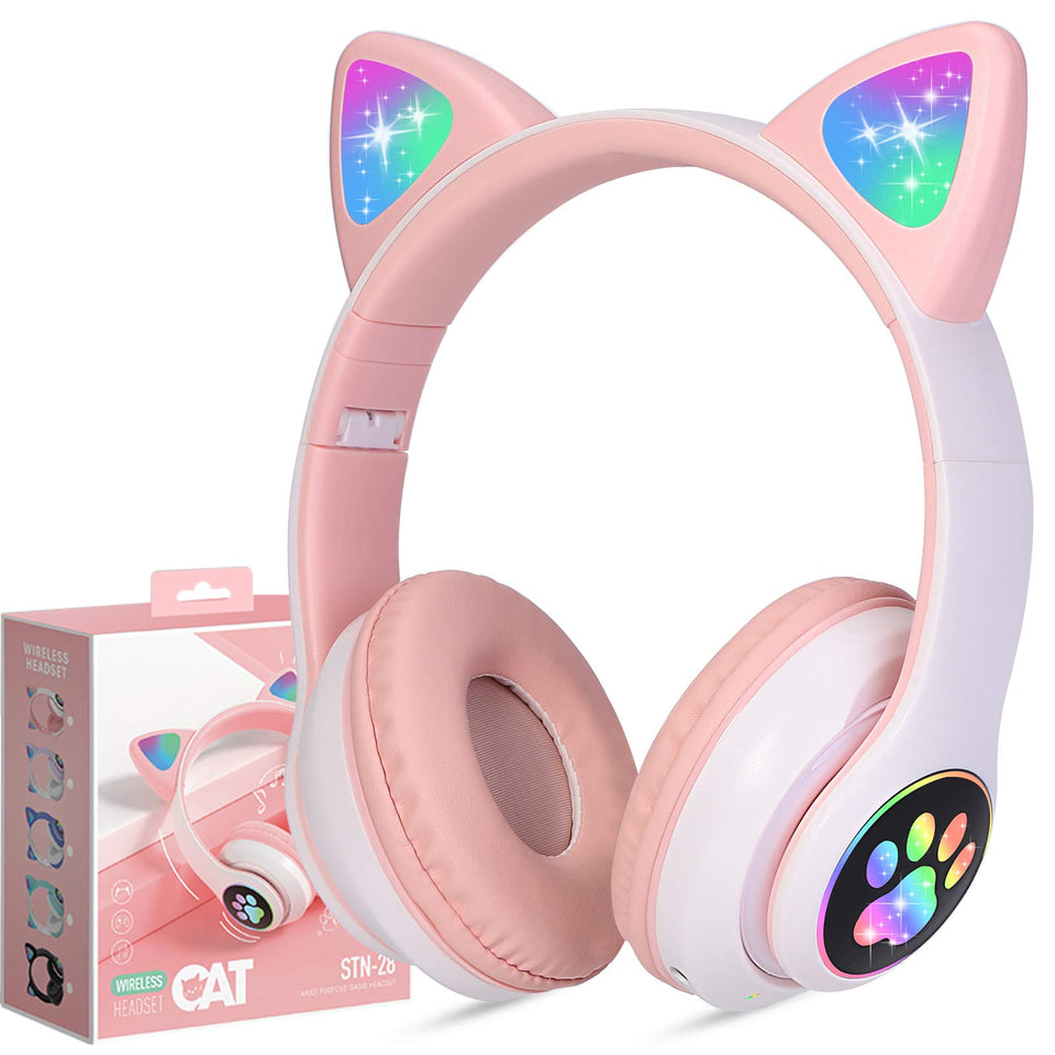 TCJJ Bluetooth 6.0 cat ear headphones with LED lights for kids' listening sessions