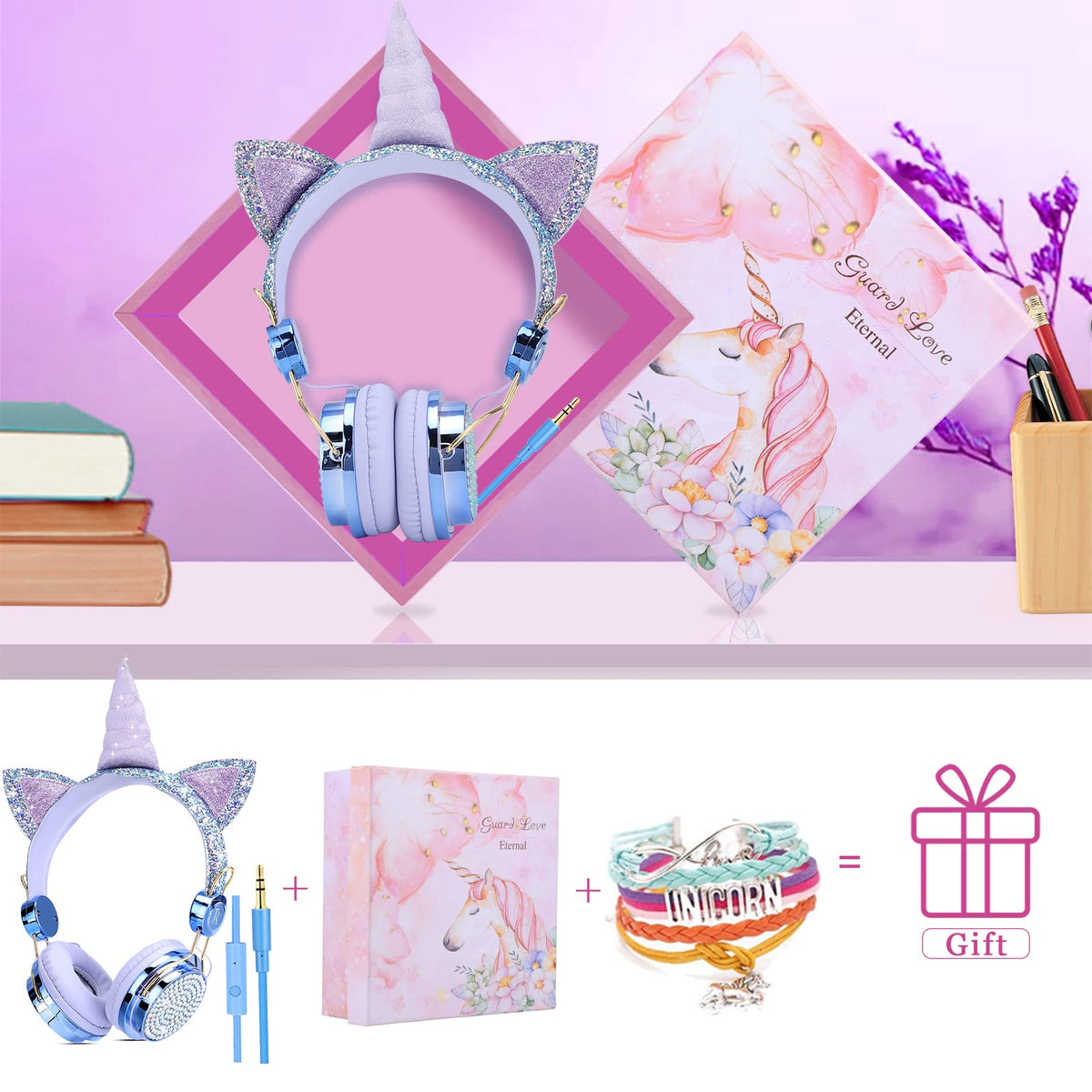 Unicorn headphones ready for school, travel, or playtime