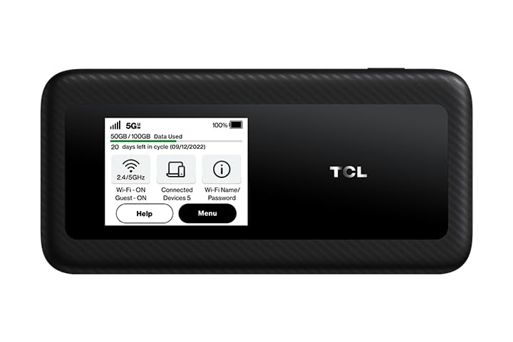 TCL LinkZone 5G UW front view, compact hotspot for on-the-go connectivity.