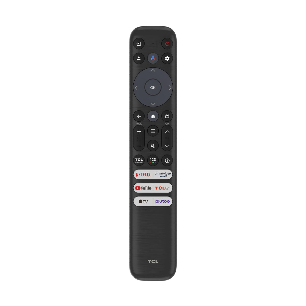 TCL RC813 remote front view shows ergonomic design for easy TV control.