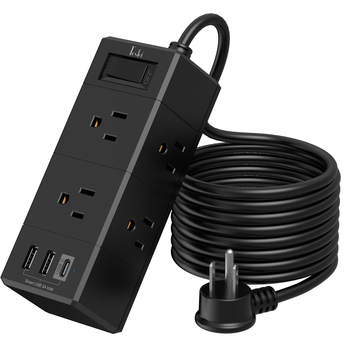 Tcstei 10ft flat-plug power strip front view for organized desk setups.