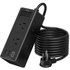 Tcstei 10ft flat-plug power strip front view for organized desk setups.