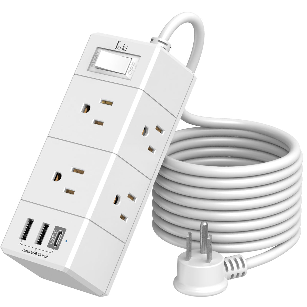 Tcstei 10ft flat-plug power strip with six outlets and USB ports for tidy charging.