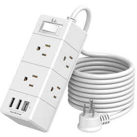 Tcstei 10ft flat-plug power strip with six outlets and USB ports for tidy charging.