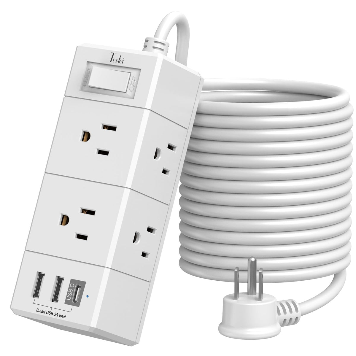 Tcstei 15ft flat-plug power strip ready for flexible room setup.