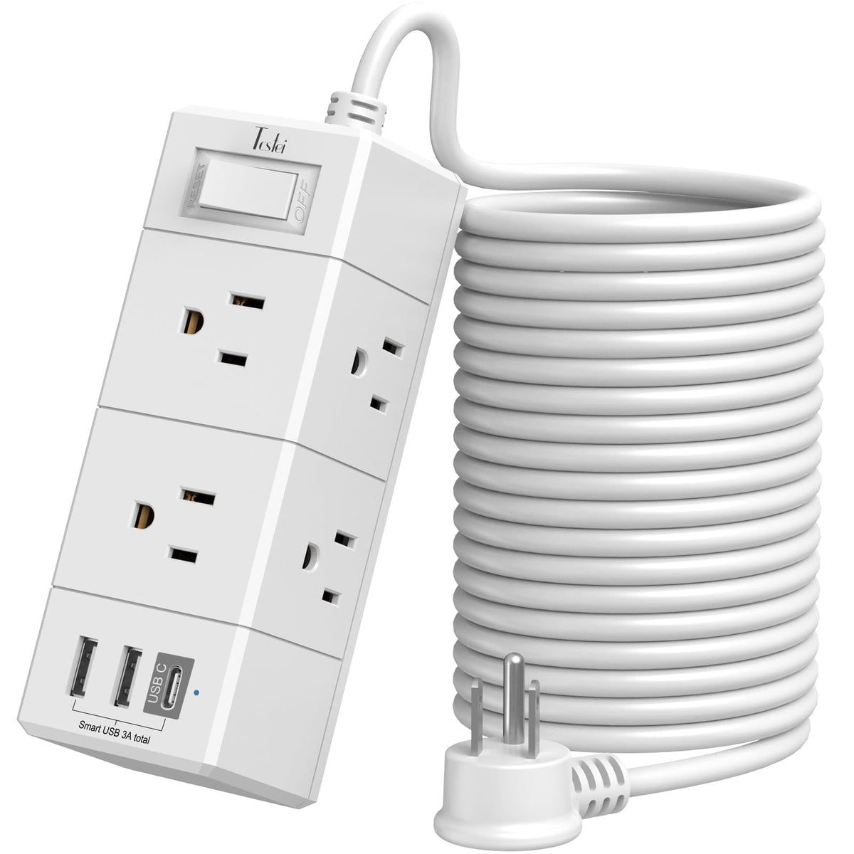 Tcstei 20ft extension cord flat plug for flexible placement and space-saving setup.