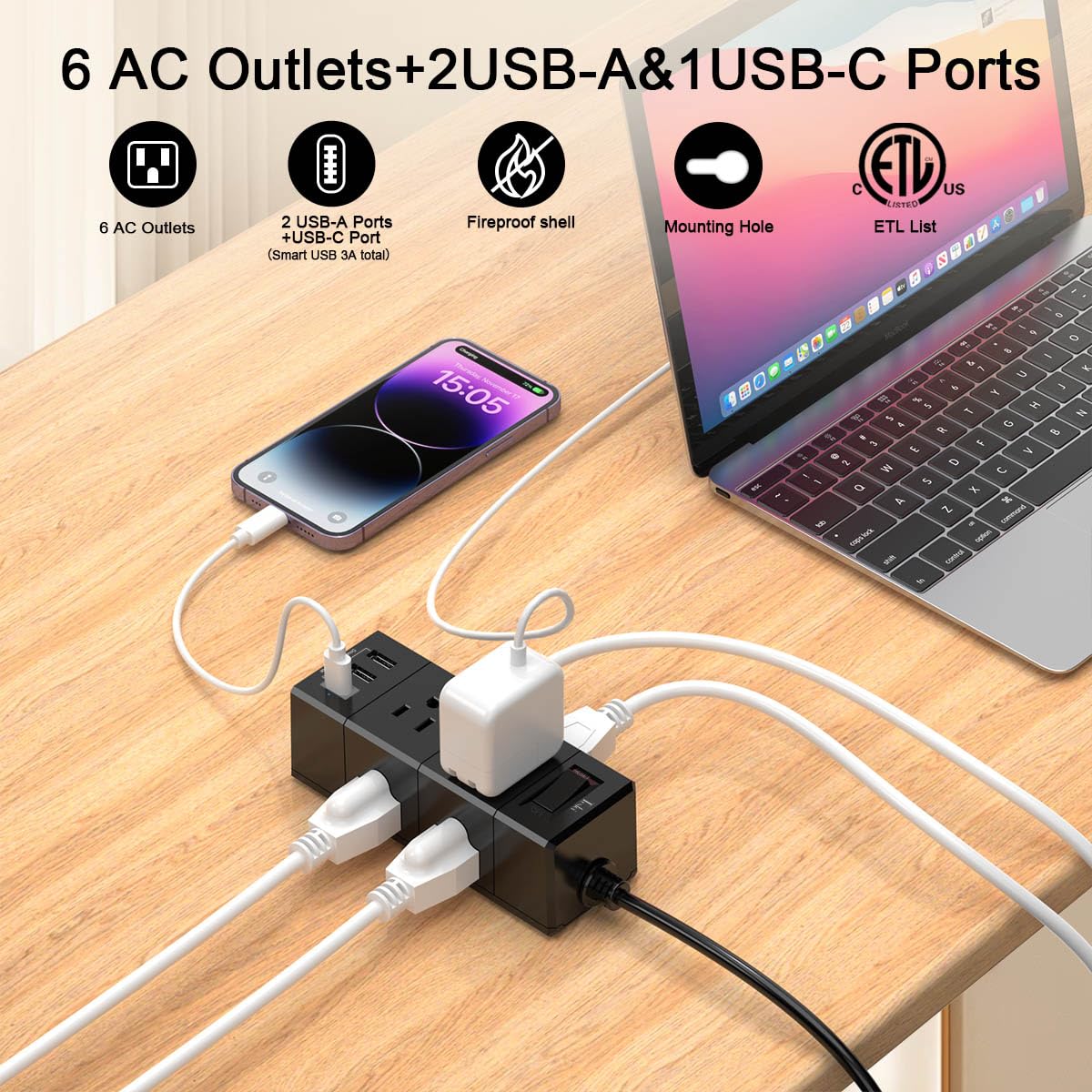 Tcstei 9-in-1 power strip showing 6 AC outlets and 3 USB ports for dorm and office use
